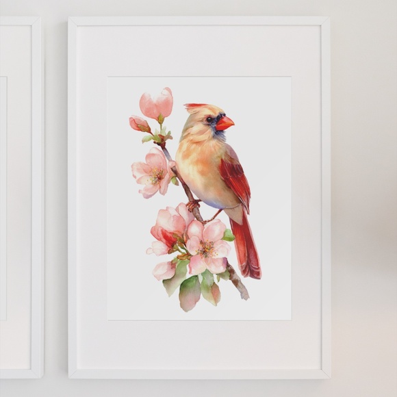 Watercolor Female Cardinal Bird with Flowers Wall Art Print Unframed - Picture 7 of 7